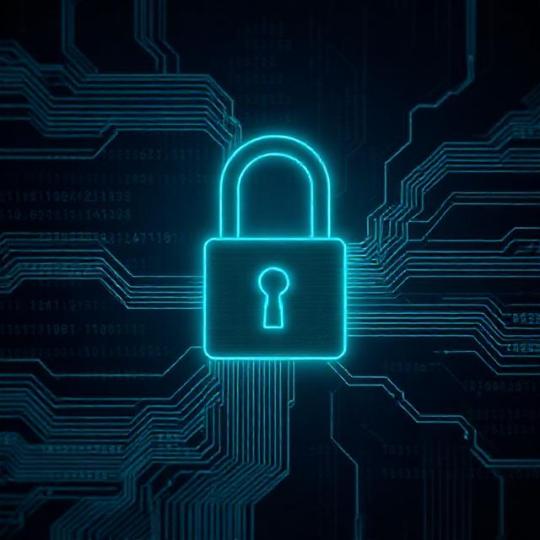 abstract visualization of data encryption: lock icon with flowing encrypted data lines, dark navy and cyan color palette, minimal, high detail