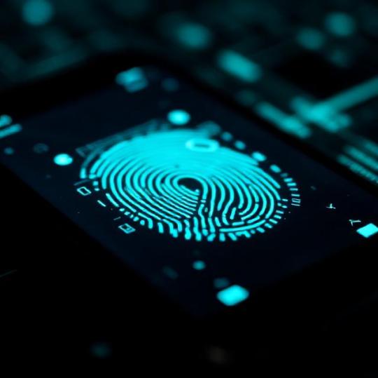 close-up of a glowing fingerprint biometric scan on a smartphone screen, dark background, teal accents, cyber security theme