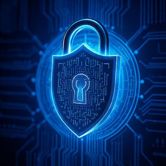 3D render of a secure shield padlock with digital circuit texture, dark navy background with subtle glow, fintech security concept